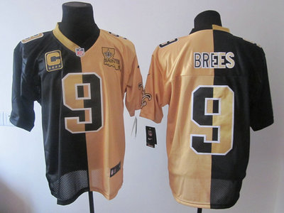 Nike New Orleans Saints 9 Drew Brees Split Black with Gold Elite Jerseys