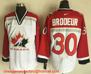 Men's 1998 Team Canada #30 Martin Brodeur White Nike Olympic Throwback Stitched Hockey Jersey