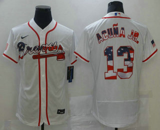 Men's Atlanta Braves #13 Ronald Acuna Jr. White USA Flag Stitched MLB Flex Base Jersey