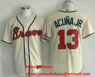 Men's Atlanta Braves #13 Ronald Acuna Jr Cream Stitched Cool Base Nike Jersey