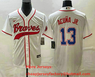Men's Atlanta Braves #13 Ronald Acuna Jr White Cool Base With Patch Stitched Baseball Jersey 01