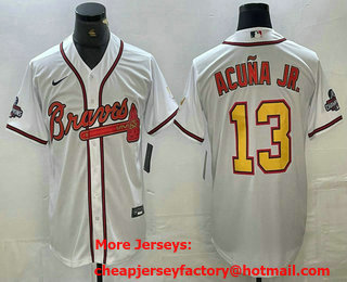 Men's Atlanta Braves #13 Ronald Acuna Jr White Gold 2021 World Series Champions Stitched Cool Base Jersey