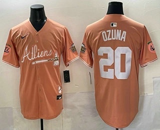 Men's Atlanta Braves #20 Marcell Ozuna Peach 2024 Atliens Peach With Outkast Patch Vapor Jersey