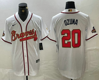 Men's Atlanta Braves #20 Marcell Ozuna White Gold World Series Champions Cool Base Stitched Jersey