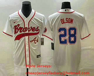 Men's Atlanta Braves #28 Matt Olson White Cool Base With Patch Stitched Baseball Jersey 01