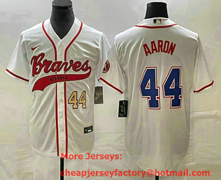 Men's Atlanta Braves #44 Hank Aaron Number White Cool Base With Patch Stitched Baseball Jersey 01