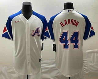 Men's Atlanta Braves #44 Hank Aaron White 2023 City Connect Cool Base Stitched Jersey 01