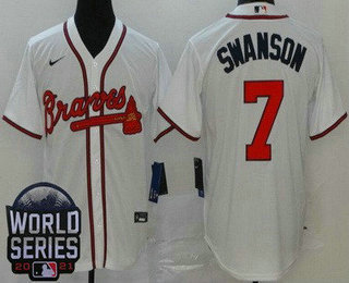 Men's Atlanta Braves #7 Dansby Swanson White 2021 World Series Cool Base Jersey
