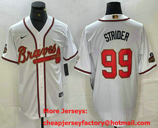 Men's Atlanta Braves #99 Spencer Strider 2022 White Gold World Series Champions Program Cool Base Stitched Jersey