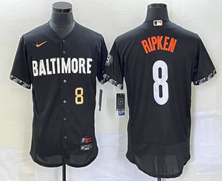 Men's Baltimore Orioles #8 Cal Ripken Jr Number Black 2023 City Connect Flex Base Stitched Jersey 02