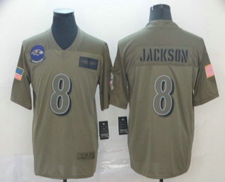 Men's Baltimore Ravens #8 Lamar Jackson NEW Olive 2019 Salute To Service Stitched NFL Nike Limited Jersey
