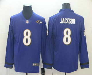 Men's Baltimore Ravens #8 Lamar Jackson Nike Purple Therma Long Sleeve Limited Jersey