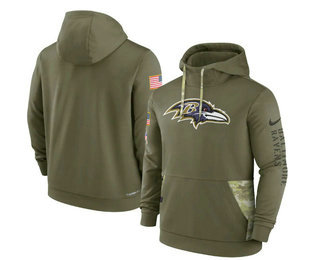 Men's Baltimore Ravens 2022 Olive Salute to Service Therma Performance Pullover Hoodie