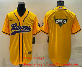 Men's Baltimore Ravens Yellow Team Big Logo With Patch Cool Base Stitched Baseball Jersey