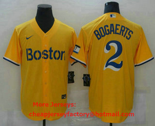 Men's Boston Red Sox #2 Xander Bogaerts Gold 2021 City Connect Stitched MLB Cool Base Nike Jersey