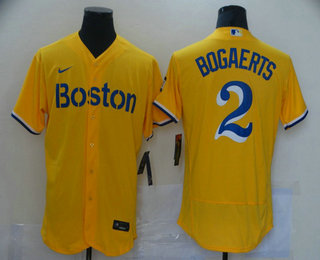 Men's Boston Red Sox #2 Xander Bogaerts Gold 2021 City Connect Stitched MLB Flex Base Nike Jersey