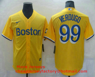 Men's Boston Red Sox #99 Alex Verdugo Gold 2021 City Connect Stitched MLB Cool Base Nike Jersey