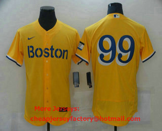 Men's Boston Red Sox #99 Alex Verdugo Gold No Name 2021 City Connect Stitched MLB Flex Base Nike Jersey