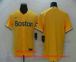 Men's Boston Red Sox Blank Gold No Name 2021 City Connect Stitched MLB Flex Base Nike Jersey