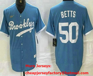 Men's Brooklyn Dodgers #50 Mookie Betts Light Blue Cooperstown Collection Cool Base Jersey