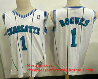 Men's Charlotte Hornets #1 Tyrone Bogues 1992-93 White Hardwood Classics Soul Swingman Throwback Jersey