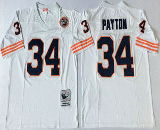 Men's Chicago Bears #34 Walter Payton White With Bear Patch Throwback Jersey by Mitchell & Ness