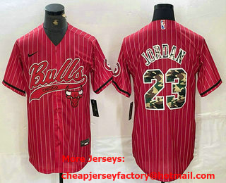 Men's Chicago Bulls #23 Michael Jordan Red Pinstripe Camo Cool Base Stitched Baseball Jersey