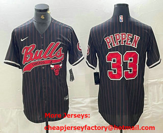 Men's Chicago Bulls #33 Scottie Pippen Black Pinstripe Cool Base Stitched Baseball Jersey 02