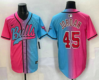Men's Chicago Bulls #45 Michael Jordan Pink Blue Split Limited Baseball Jersey
