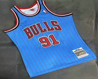 Men's Chicago Bulls #91 Dennis Rodman 1995-96 Blue Pinstripe Hardwood Classics Soul AU Throwback Jersey