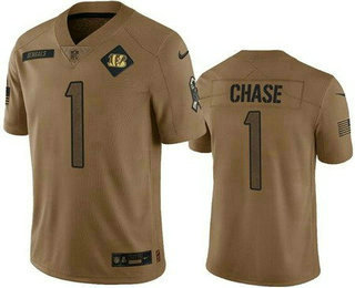 Men's Cincinnati Bengals #1 JaMarr Chase Limited Brown 2023 Salute To Service Jersey