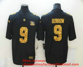 Men's Cincinnati Bengals #9 Joe Burrow Black 2020 Nike Flocked Leopard Print Vapor Limited NFL Jersey