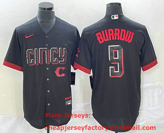 Men's Cincinnati Reds #9 Joe Burrow Black 2023 City Connect Cool Base Stitched Baseball Jersey 02