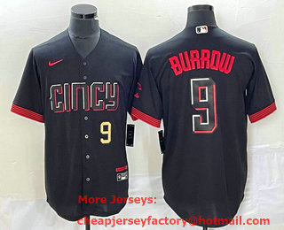 Men's Cincinnati Reds #9 Joe Burrow Number Black 2023 City Connect Cool Base Stitched Baseball Jersey 01