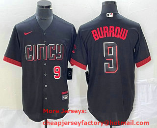 Men's Cincinnati Reds #9 Joe Burrow Number Black 2023 City Connect Cool Base Stitched Baseball Jersey 03