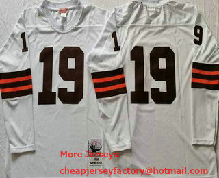 Men's Cleveland Browns #19 Bernie Kosar White Long Sleeves Throwback Jersey