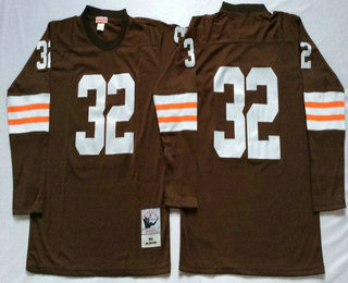 Men's Cleveland Browns #32 Jim Brown Brown Long-Sleeved Throwback Stitched NFL Jersey