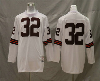 Men's Cleveland Browns #32 Jim Brown Long-Sleeved Mitchell & Ness Retired Player Replica Jersey -White