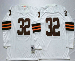 Men's Cleveland Browns #32 Jim Brown White Long-Sleeved Throwback Stitched NFL Jersey