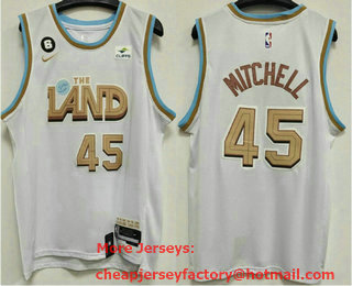 Men's Cleveland Cavaliers #45 Donovan Mitchell 2023 White City Edition With 6 Patch Stitched Jersey With Sponsor