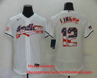 Men's Cleveland Indians #12 Francisco Lindor White USA Flag Stitched MLB Flex Base Nike Jersey