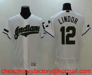 Men's Cleveland Indians #12 Francisco Lindor White With Green Memorial Day Stitched MLB Flex Base Jersey