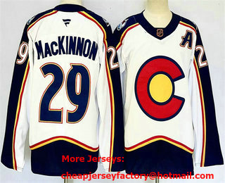 Men's Colorado Avalanche #29 Nathan MacKinnon White 2024 With A Patch Reverse Retro Stitched Jersey