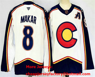 Men's Colorado Avalanche #8 Cale Makar White 2024 With A Patch Reverse Retro Stitched Jersey