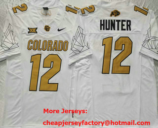 Men's Colorado Buffaloes #12 Travis Hunter White Gold With XII Patch FUSE Vapor Stitched Jersey