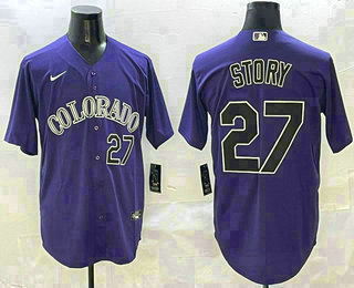 Men's Colorado Rockies #27 Trevor Story Number Purple Stitched Cool Base Nike Jersey