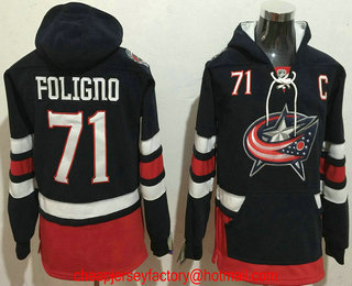 Men's Columbus Blue Jackets #71 Nick Foligno NEW Navy Blue Home Stitched NHL Old Tim Hockey Hoodie