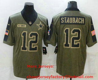 Men's Dallas Cowboys #12 Roger Staubach 2021 Olive Salute To Service Limited Stitched Jersey
