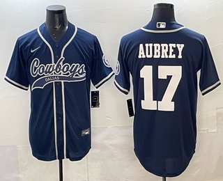 Men's Dallas Cowboys #17 Brandon Aubrey Navy Blue Stitched Cool Base Nike Baseball Jersey