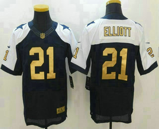 Men's Dallas Cowboys #21 Ezekiel Elliott Navy Blue Thanksgiving With Gold Stitched NFL Elite Jersey